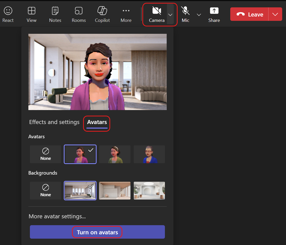 이제 Teams 모임 중에 카메라를 켜는 대신 아바타를 사용할 수 있습니다.