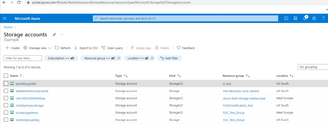 Microsoft Azure Storage 계정 페이지.