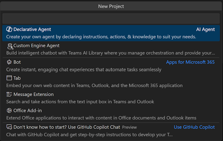 A screenshot of the New Project options with Agent selected