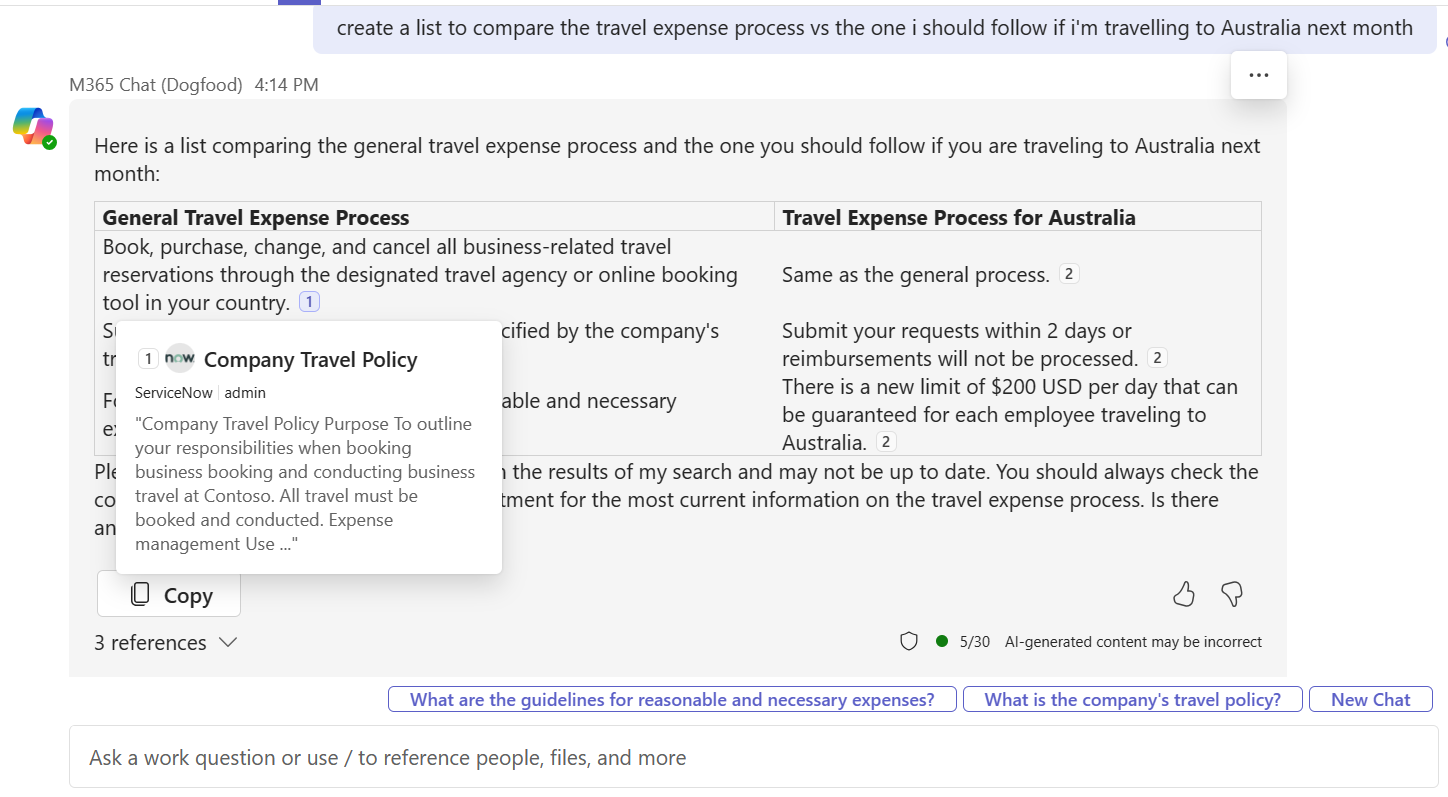 A screenshot of hovering over a Graph connectors response in Microsoft 365 Copilot