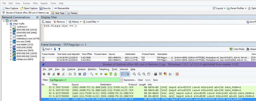 TCP 두 도구 모두에 대한 Syn 패킷의 경우 Netmon 또는 Wireshark에서 필터링합니다. Flags.Syn == 1.