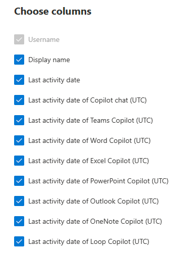 Microsoft 365 Copilot 사용 보고서에 대해 선택할 수 있는 열을 보여 주는 스크린샷