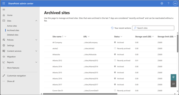 SharePoint 관리 센터의 보관된 사이트 페이지 스크린샷