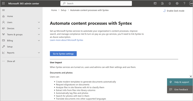 Microsoft 365 관리 센터 종량제 서비스 활성화 페이지의 스크린샷.