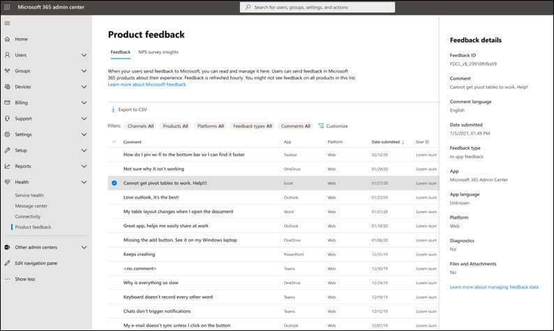 Microsoft 365 관리 센터의 제품 피드백