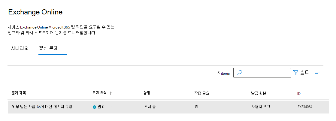 Exchange Online 모니터링 dashboard 표시되는 외부 수신자에게 배달 보류 중인 메시지에 대한 서비스 경고입니다.