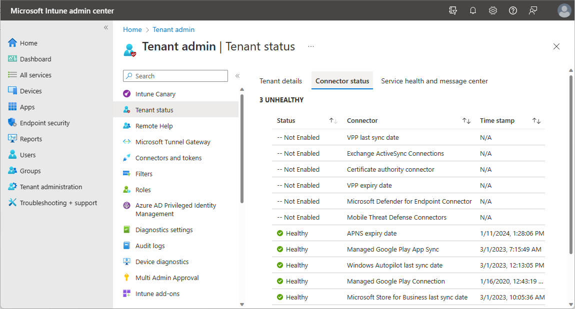 Intune 커넥터 상태