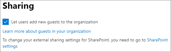 Microsoft 365 관리 센터의 보안 및 개인 정보 게스트 공유 설정 스크린샷