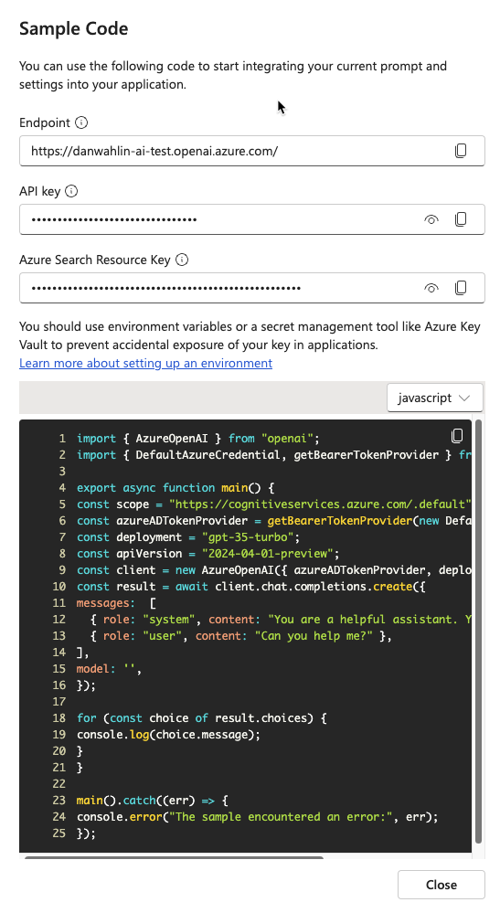 Azure OpenAI Studio 채팅 세션 - 샘플 코드