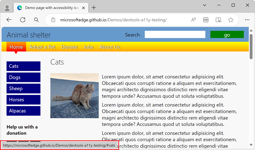 The demo webpage, with the Cats links focused, but no visual indication of the focus