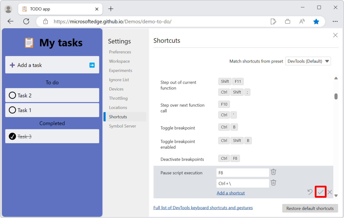 The 'Confirm changes' button to save the keyboard shortcut