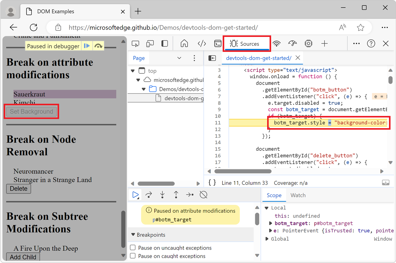 The Sources tool showing the line of code that caused the attribute to change