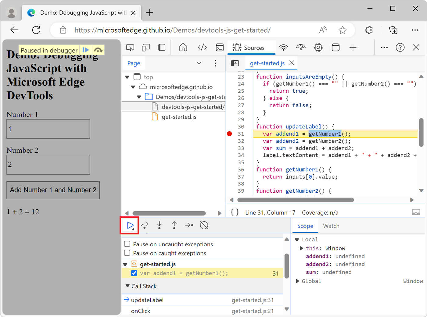 Clicking the Resume script execution button