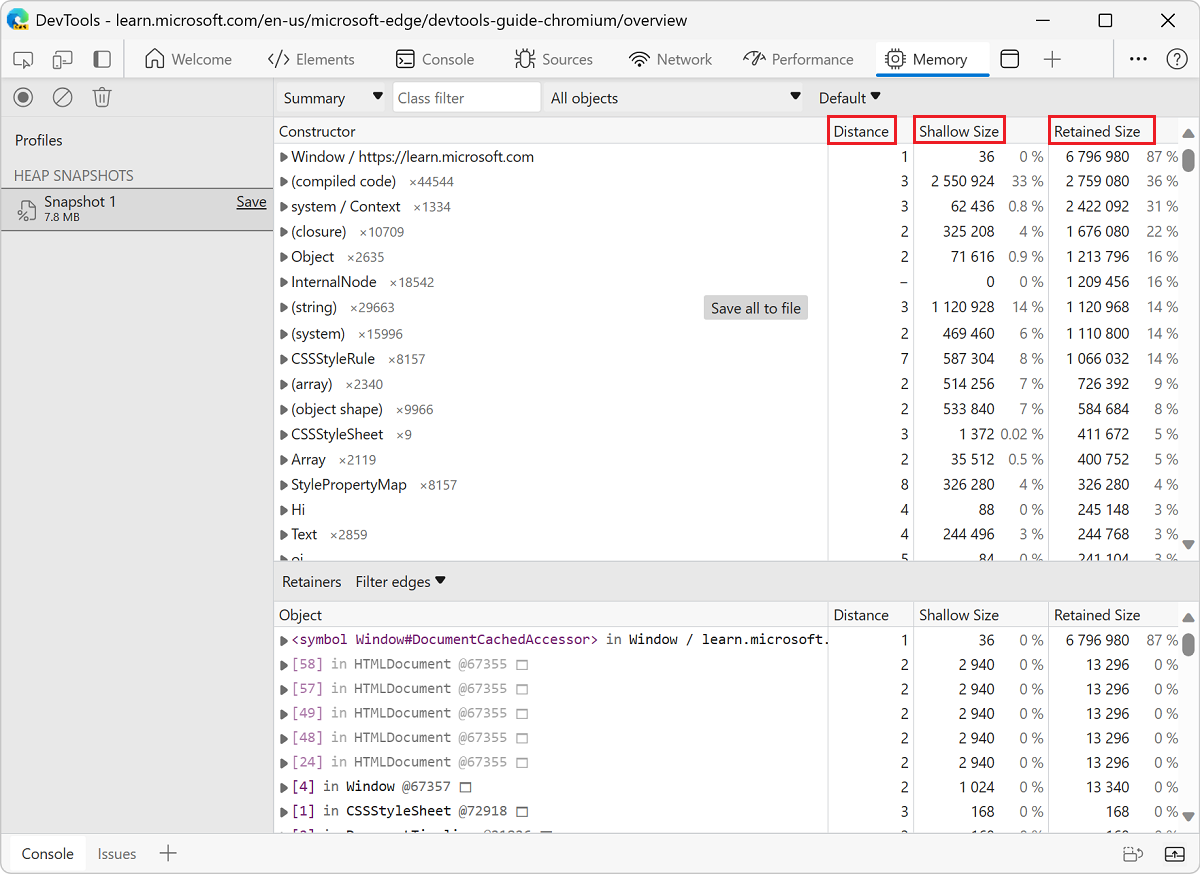 The Distance, Shallow Size, and Retained Size columns in the Memory tool