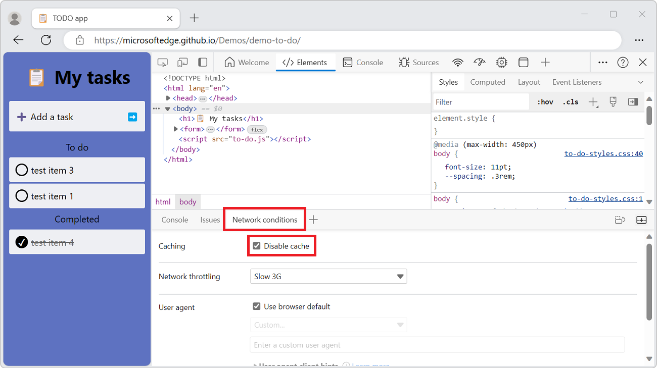 The Network Conditions tool in the Quick View panel, with the 'Disable cache' checkbox selected