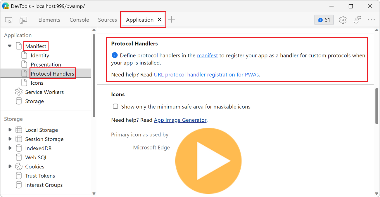 The Protocol Handlers section of the Manifest pane without protocols defined