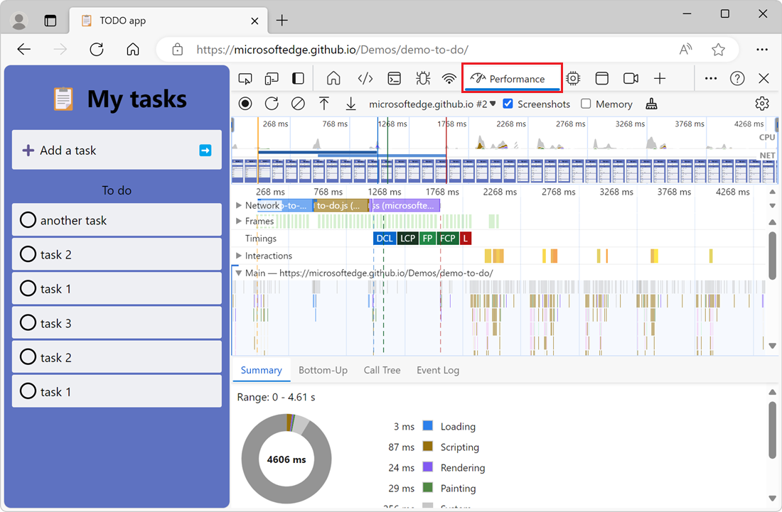 The Performance tool displaying a recording of the performance of the website