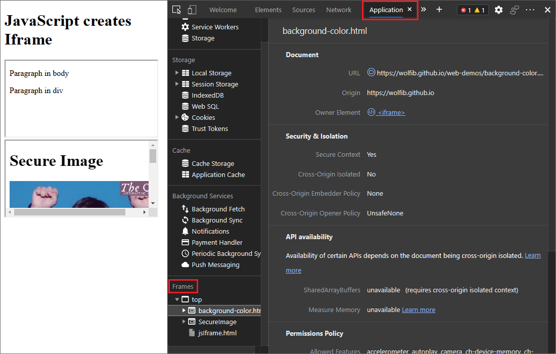 Frame details in the Application tool