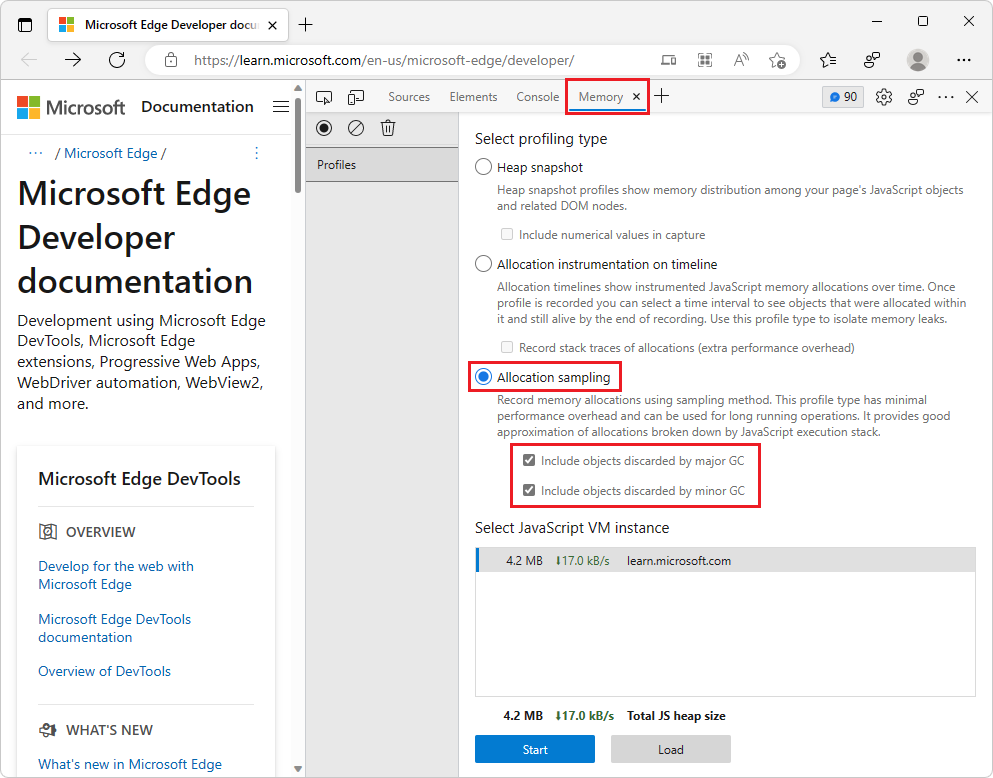 Allocation sampling profiling options