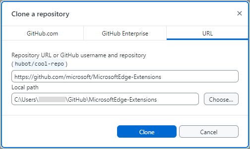 The "Clone a repository" dialog in GitHub Desktop