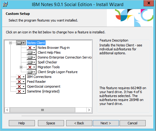 IBM Notes 설치 마법사 사용자 지정 설정 스크린샷