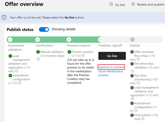 Screenshot shows the Offer overview screen with AppSource preview option highlighted.