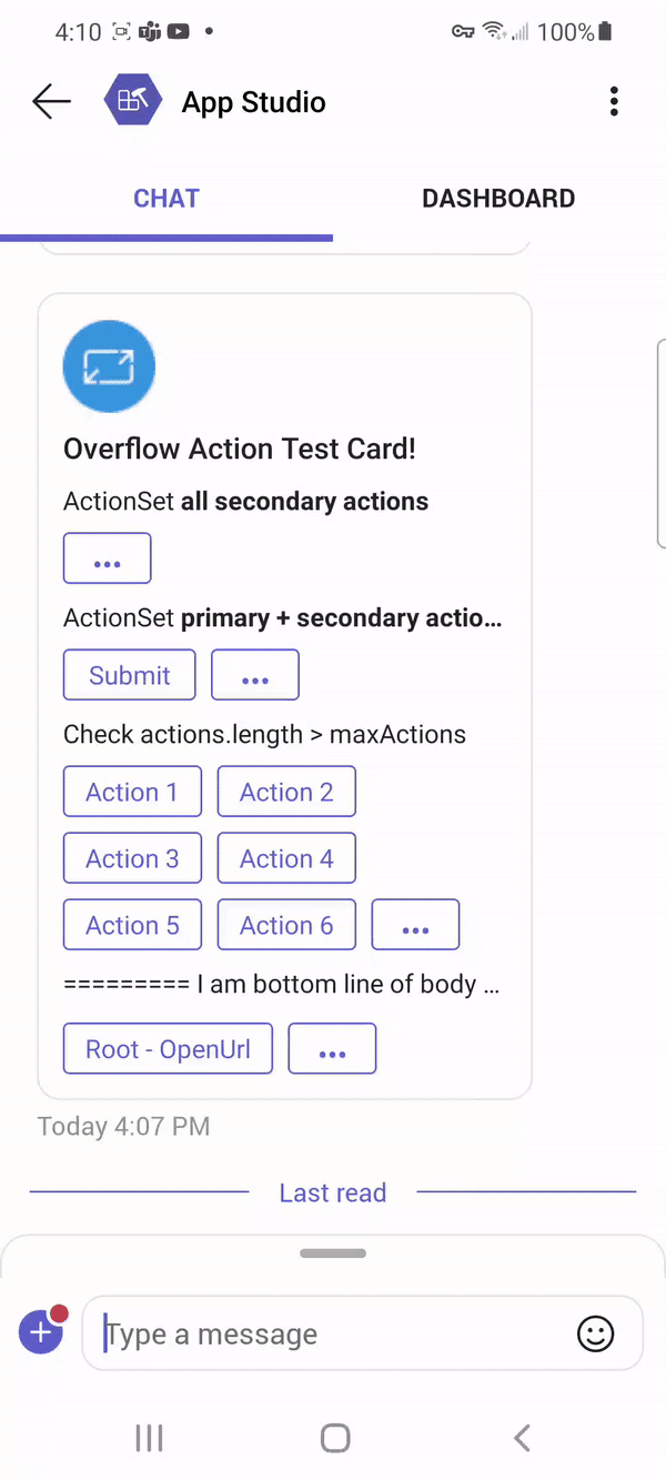 The graphical representation shows the overflow menu experience in an Adaptive Card.