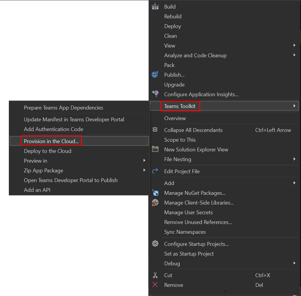 Screenshot shows the Provision in the Cloud option under Teams Toolkit in Visual Studio.