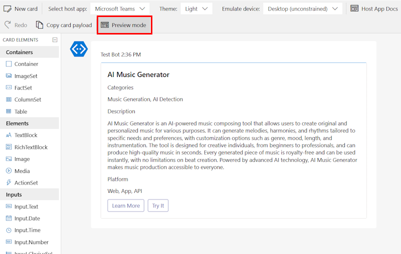 Screenshots shows the Adaptive Card designer with the Adaptive Card template and the sample data.