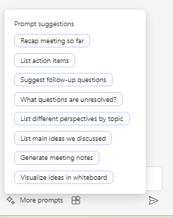 Screenshot shows the list of static prompts available in the Copilot for Teams pane in a Teams meeting.