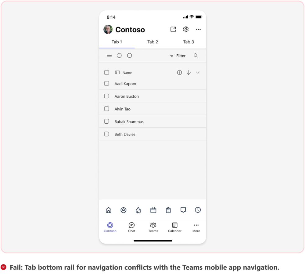 Graphic shows an example of a tab that conflicts with Teams native mobile app navigation.