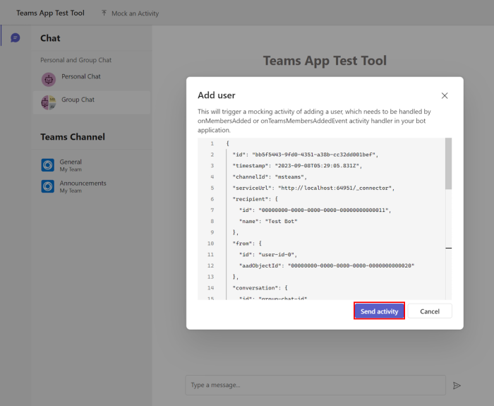 Screenshot shows the option to send activity for predefined mock activity add user.