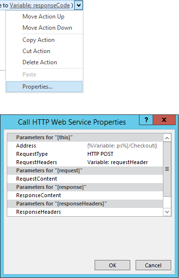 Specify the request header in web service call properties