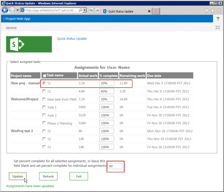 Updating an assignment in the QuickStatus app