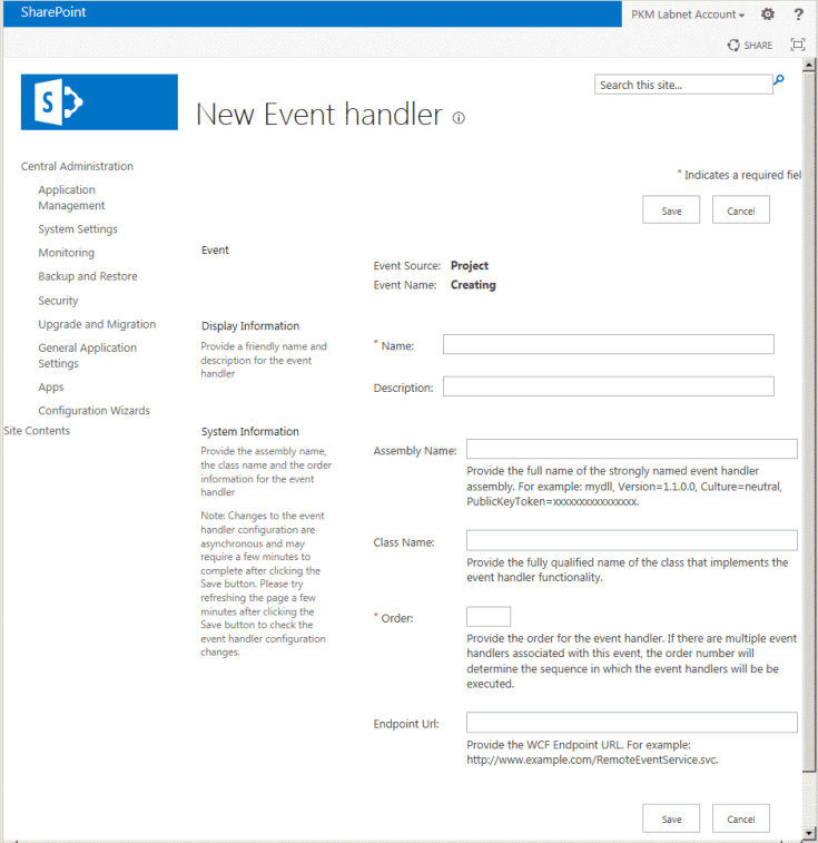 Configuring an event handler or event receiver