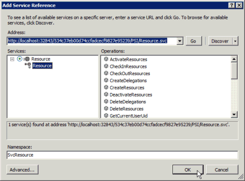 Adding the WCF-based Resource service reference