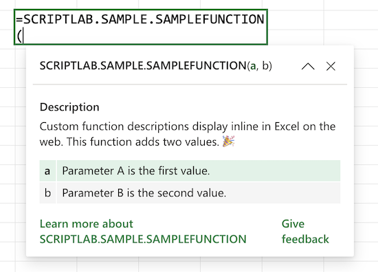 A custom function with inline descriptions displayed in Excel on the web.