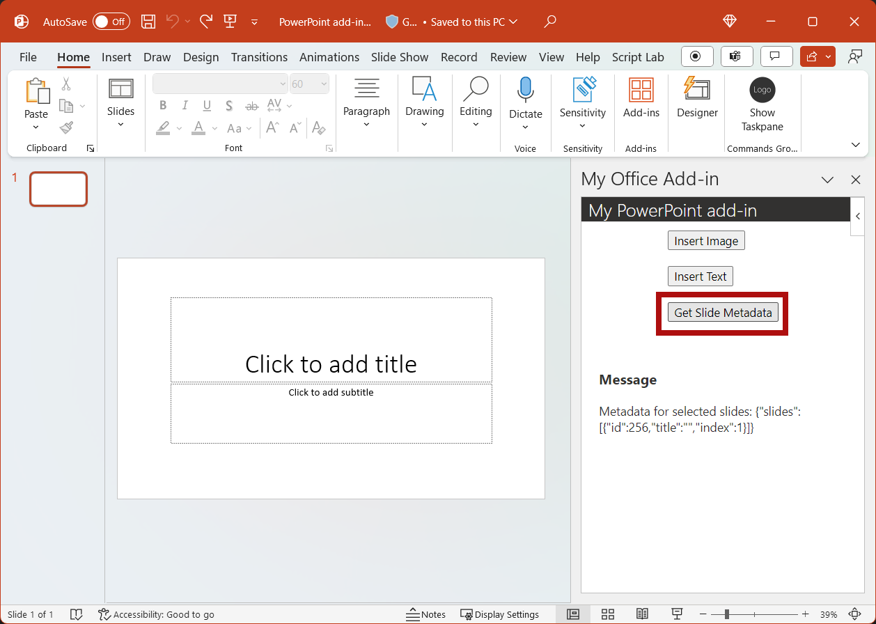 The Get Slide Metadata button highlighted in the add-in.