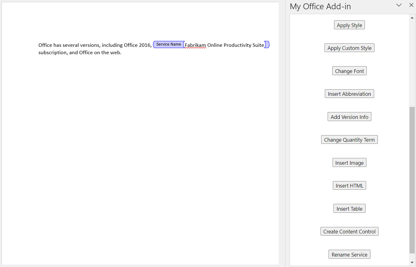 The results of choosing the add-in buttons Create Content Control and Rename Service.