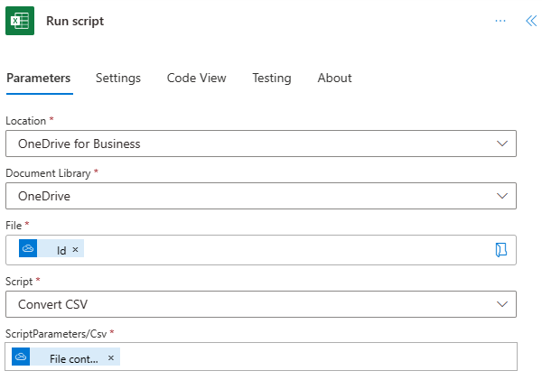 The completed Run script step in the action task pane.