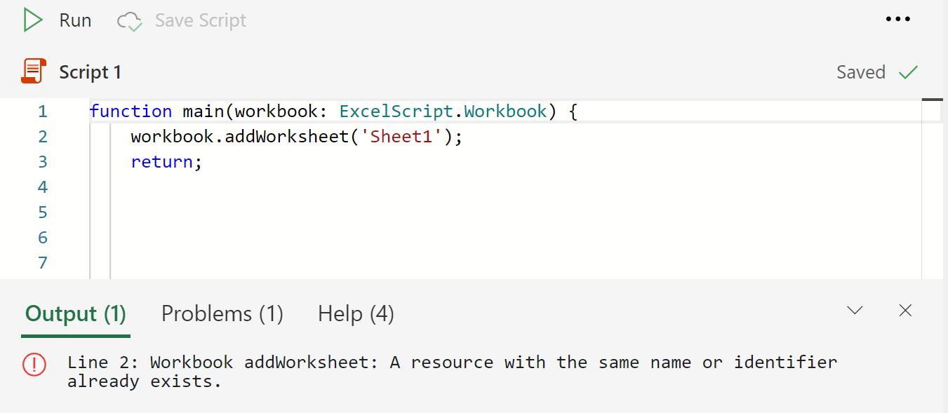 The Code Editor console displaying an error from the `addWorksheet` call.