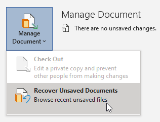 문서 관리 옵션에서 저장되지 않은 문서 복구를 선택한 스크린샷.