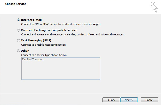 서비스 선택 대화 상자의 스크린샷. 인터넷 이메일 옵션이 선택되어 있습니다.