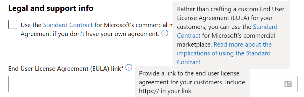 Microsoft의 상업용 Marketplace의 표준 계약 사용 확인란을 보여줍니다.