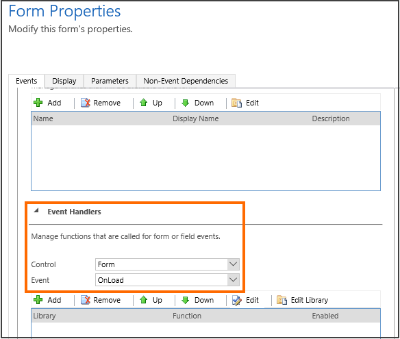 Event Handler section in Form Properties.