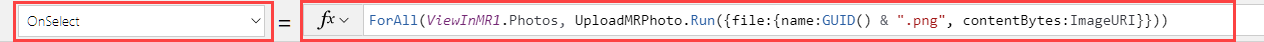 찍은 사진을 모두 업로드하는 Power Apps Studio 수식 입력줄의 버튼 컨트롤 OnSelect 속성 스크린샷입니다.