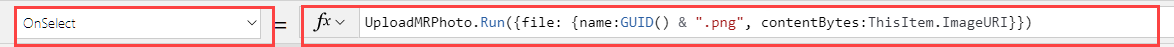 버튼이 갤러리에 있는 경우 Power Apps Studio 수식 입력줄의 버튼 컨트롤 OnSelect 속성 스크린샷입니다.