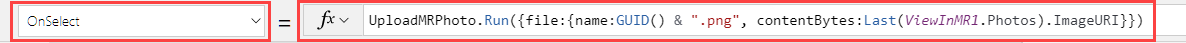 마지막으로 찍은 사진을 업로드하는 Power Apps Studio 수식 입력줄의 버튼 컨트롤 OnSelect 속성 스크린샷입니다.