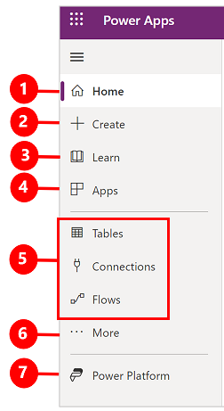 Power Apps 왼쪽 탐색 창입니다.