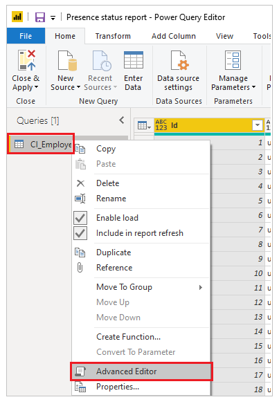 Power Query 고급 편집기.